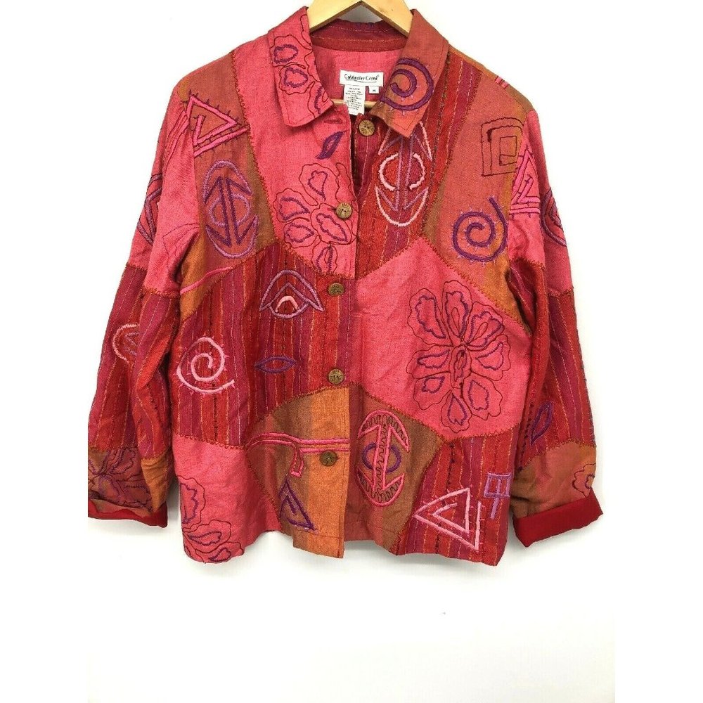 Coldwater Creek Wearable Art Patchwork Embroidered Red & Orange Artist Jacket